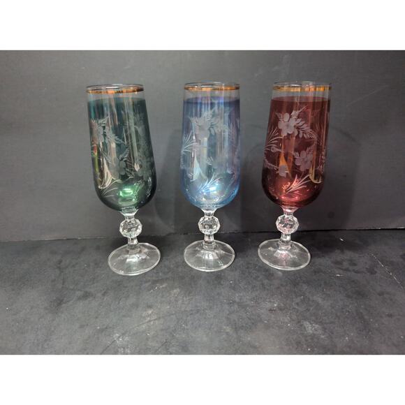 Bohemia Crystal Fluted Champagne Glass Goblet Set, Iridescent‎ Floral Pattern - Picture 4 of 9